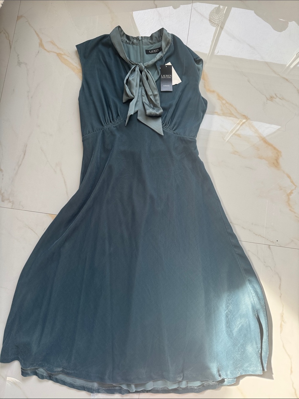 Lauren Ralph Lauren Slate Blue Tie-Neck Sleeveless Dress